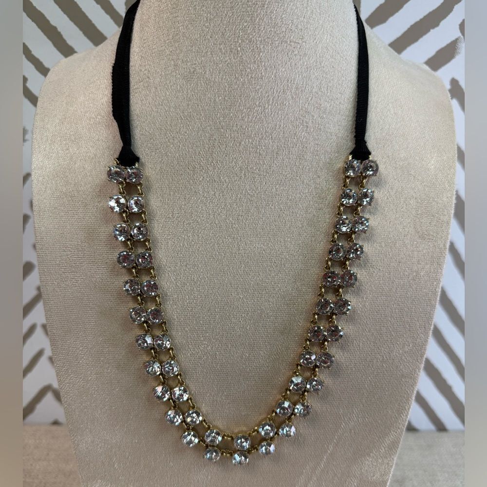 J Crew Clear Rhinestone Crystal Black String Tie Statement Necklace